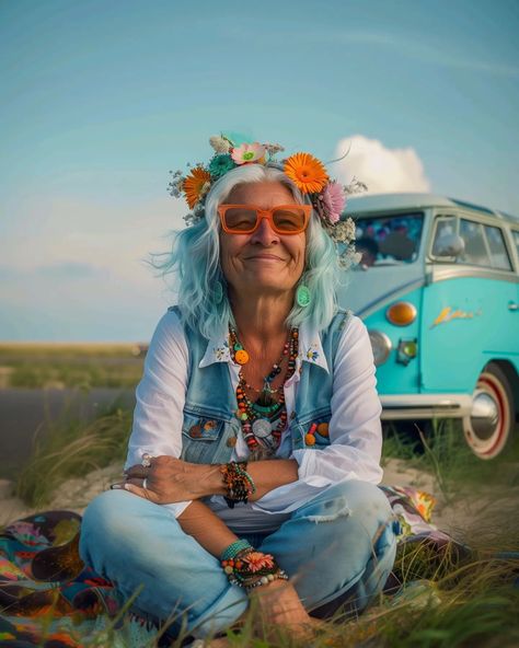 Want to go for a ride? 🚍 Then hop in and buckle up to take a roadtrip with the Nanas. Together, you will go where ever the wind takes you. 🍃 🏝️ With this vintage VW bus, your journey will not only be comfortable, but als ✨ fabulous ✨. Can you smell the air around you? 🌷 #aicreation #midjourney #aiphotography #promptography #maximalism #maximalist #maximaliststyle #friendshipgoals #lifegoals #50plusandfabulous #positiveageing #dopaminedressing #dopamineboost #colorfulart #quirkyart #kindn... Hippy Grandma Aesthetic, Hippy Grandma, Vintage Hippie Aesthetic, Woodstock Inspired Photoshoot, 60s San Francisco Hippies, Flower Child Hippie, 50s Women, Maximalist Style, Hippie Aesthetic