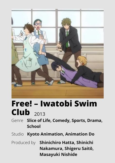 Free! - Iwatobi Swim Club Anime Minimalist poster 😊 Information taken from myanimelist.net and wikipedia.org Free Swim Anime, Swim Club Anime, Free The Anime, Anime Minimalist Poster, Anime To Watch, Anime Club, Swimming Anime, Anime Websites, Japanese Animated Movies