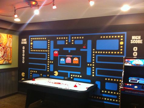 Do this around the double window wall.  the ghost "house" would be between the windows. Gaming Room Mural, Pacman Wall, Game Room Wallpaper, Game Room Mural, Arcade Theme, Arcade Room Ideas, Arcade Room In House, Video Game Bedroom, Arcade Game Room