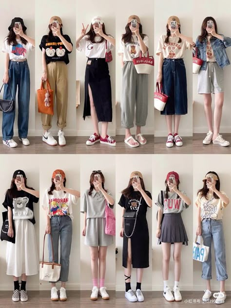 Japan Street Style Women Summer, Korean Ootd Casual, K Pop Outfits Korean Fashion Women, Japan Summer Outfit Women, Asian Summer Fashion, Korea Summer Fashion, Art Student Outfit, Japan Summer Outfit, Japan Fashion Casual