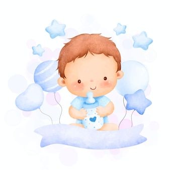 Premium Vector | Watercolor illustration cute baby boy and wooden board Baby Boy Drawing, Baby Boy Illustration, Baby Boy Watercolor, Baby Boy Cartoon, Boy Stickers, Baby Boy Balloons, Baby Boy Art, Nursery Illustration