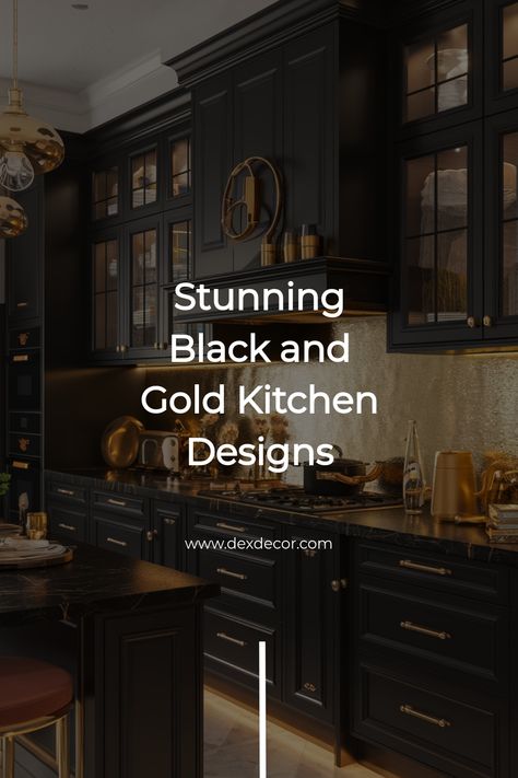 Elegant black and gold kitchen with sleek cabinetry and modern lighting. Brown Cabinets Gold Handles, Best Dark Cabinet Paint Colors, Painted Black Cabinets Kitchen, Black Sink Golden Faucet Kitchen, Black Kitchen Appliances Ideas, Black White Gold Kitchen Ideas, Black Cabinet Kitchen Ideas, Black Cabinets Gold Hardware, Black Cabinets With Gold Hardware