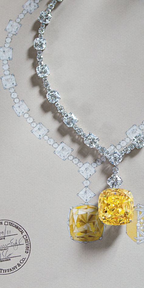 For Tiffany’s 175th anniversary in 2012, the priceless Tiffany Diamond was reset in a magnificent necklace of white diamonds.The famous yellow Tiffany diamond in its new setting with the 128.54-carat yellow diamond and white diamonds totaling more than 120 carats. Via The Jewellery Editor. Jewelry Sketches, Jewel Drawing, Jewelry Rendering, Yellow Sunshine, Tiffany Diamond, Jewelry Illustration, Jewelry Drawing, Jewellery Sketches, Tiffany And Co