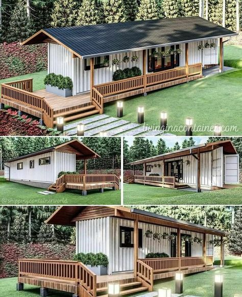 Houses-From-Recycled-Shipping-Containers Odd House Plans, Forest Vacation House, Building A Cottage Home, Warm Day Dinner Ideas, Tiny Home Landscaping Ideas, Airbnb Cabins, Container Project, Dainty Designs, Deer Camp