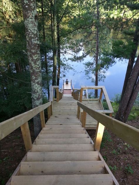 Stairs Down To Lake, Penobscot Maine, Lake Deck, Lake Landscaping, Landscape Stairs, Wooden Path, Backyard Walkway, Lakeside Living, Stair Landing