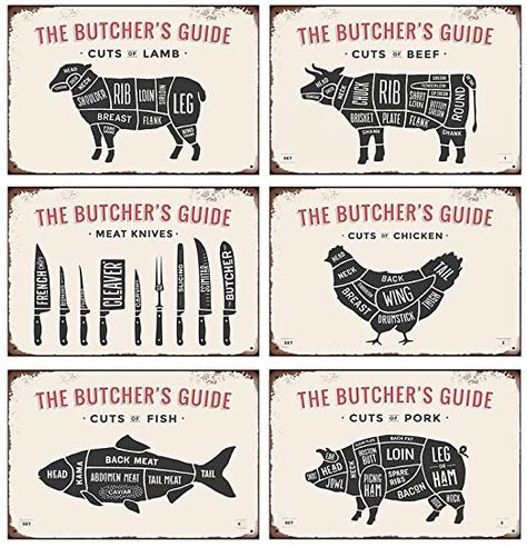 Mora color 6PCS CUTS of Lamb Beef Chicken Fish Pork Meat Knives Tin Signs The Butcher's Guide Retro Posters Bar Pub Wall Decor - 20X30cm Meat Cuts Chart, Meat Art, Lamb Cuts, Pub Wall Decor, Butcher's Cut, Deer Meat, Pork Chicken, Meat Shop, Retro Posters