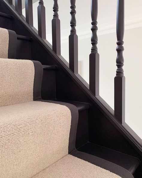 Black Painted Stairs With Runner, Stairs With Runner, Paean Black, Black Painted Stairs, Hall Ways Ideas, Stair Layout, Black Staircase, Black Stairs, Staircase Runner