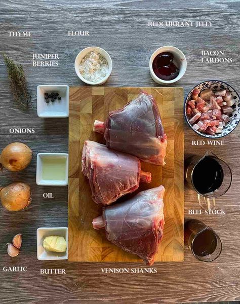 Slow Cooker Venison Shanks - Great British Recipes Venison Slow Cooker Recipes, Elk Shank Recipe, Deer Shank Recipe Crockpot, Venison Shank Slow Cooker, Backstrap Venison Recipes Crockpot, Meat Processing Room Ideas, Venison Neck Roast Crock Pot, Venison Shank Recipe, Venison Shank