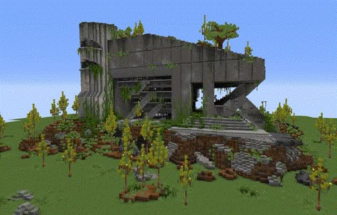 Abandoned Brutalist Architecture, Minecraft Overgrown Ruins, Minecraft Brutalist Architecture, Abandoned Minecraft Builds, Minecraft Abandoned Building, Post Apocalyptic Minecraft, Dystopian Minecraft Builds, Minecraft Overgrown House, Overgrown Minecraft Builds