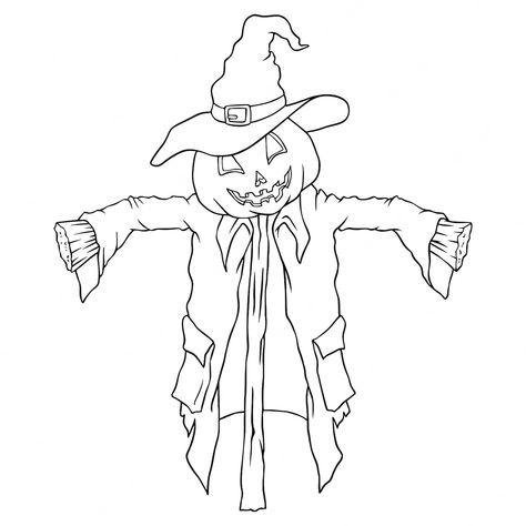 Premium Vector | Scarecrow pumpkin halloween coloring page Pumpkin Scarecrow Drawing, Easy Scarecrow Drawing, How To Draw A Scarecrow, Scarecrow Drawing Easy, Scarecrow Doodle, Scarecrow Coloring Pages, Scarecrow Drawing, Scary Scarecrow, Scarecrow Pumpkin