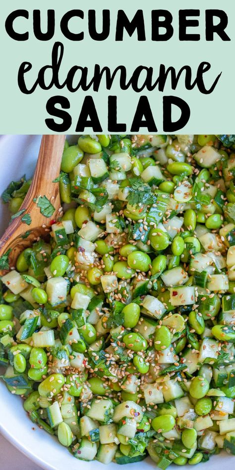 This Cucumber Edamame Salad is packed with healthy veggies, fresh herbs and protein from the edamame! It's tossed with an Asian inspired dressing with a spicy kick to it. This refreshing cucumber salad with be great for all your potluck and BBQ needs! #salad #cucumbersalad #summersidedish #edamamesalad #vegan Edamame Recipes Salad, Crunchy Broccoli Salad, Vegetarian Pasta Salad, Edamame Salad, Sesame Dressing, Vegetarian Pasta, Summer Salad Recipes, Healthy Veggies, Clean Food