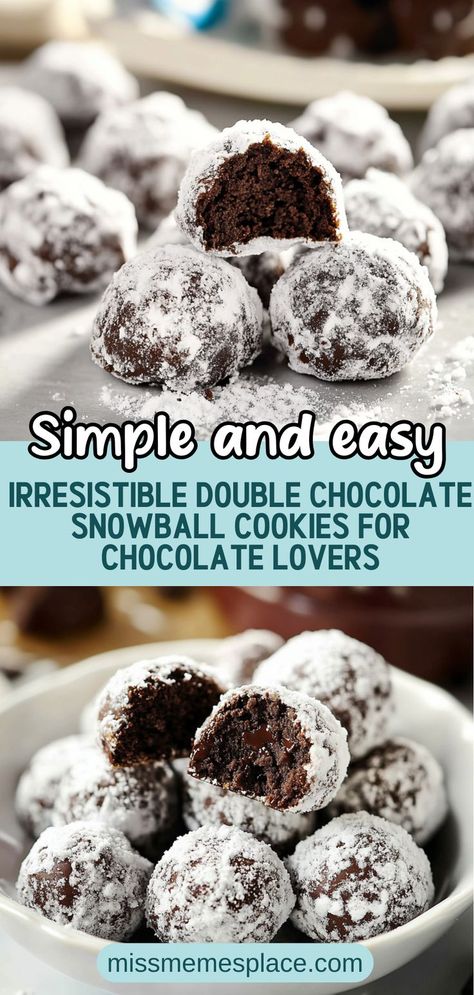 Dive into the world of decadent desserts with these irresistible Double Chocolate Snowball Cookies. These delightful treats feature a rich and fudgy chocolate center, enveloped in a soft cookie base dusted with powdered sugar, creating a snowy effect. Perfect for holiday gatherings or cozy nights in, they are sure to impress friends and family alike. With a blend of cocoa powder and semi-sweet chocolate chips, each bite is a heavenly experience that satisfies every chocolate craving. Chocolate Cookie Base Recipe, Chocolate Cookie With Powdered Sugar, Chocolate Jumbos Recipe, Sno Ball Cookies Recipe, Double Chocolate Desserts, Cocoa Balls Christmas, Cookie Recipes Double Chocolate, Chocolate Snowballs Recipe, Double Chocolate Christmas Cookies