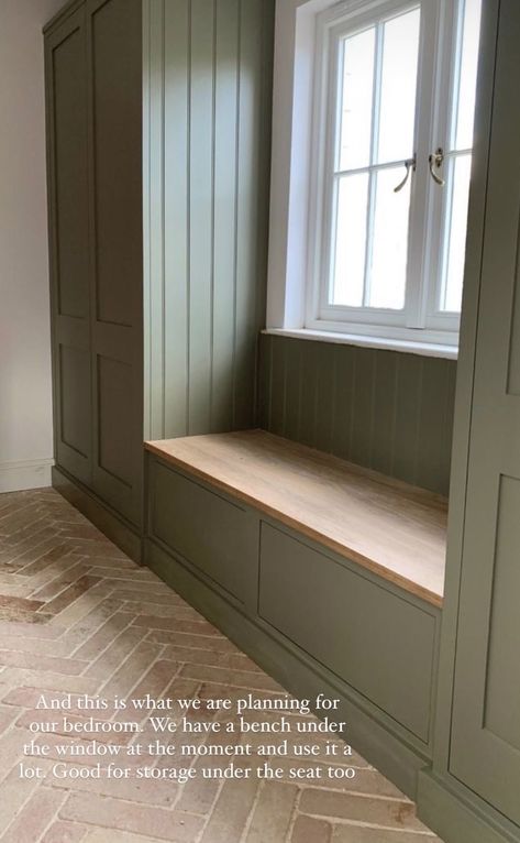 Carpentry Design Ideas, Built In Wardrobe With Bench, Farrow And Ball Boot Room, Bench For Room, Treron Farrow And Ball Kitchen, Treron Farrow And Ball, Farrow Ball Treron, Farrow And Ball Treron, Cupboard Work