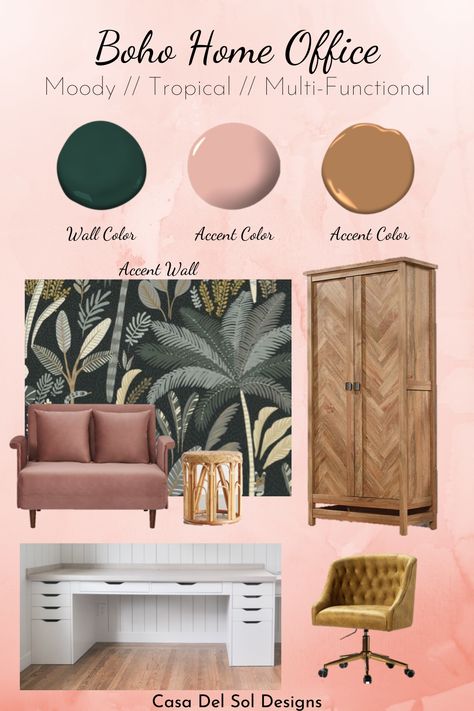 I'm so excited to reveal my home office design plans! I'll be bringing a moody, tropical boho vibe with deep green walls, a tropical accent wall and wood accents throughout. Green And Blue Office Design, Home Office Wallpaper Accent Wall Bedroom, Home Office Tropical Design, Wallpaper Officr, Pink Home Office Ideas Bohemian, Office Wallpaper Accent Wall Home Office, Gold And Green Office Decor, Pink And Green Home Office Ideas, Moody Pink Home Office