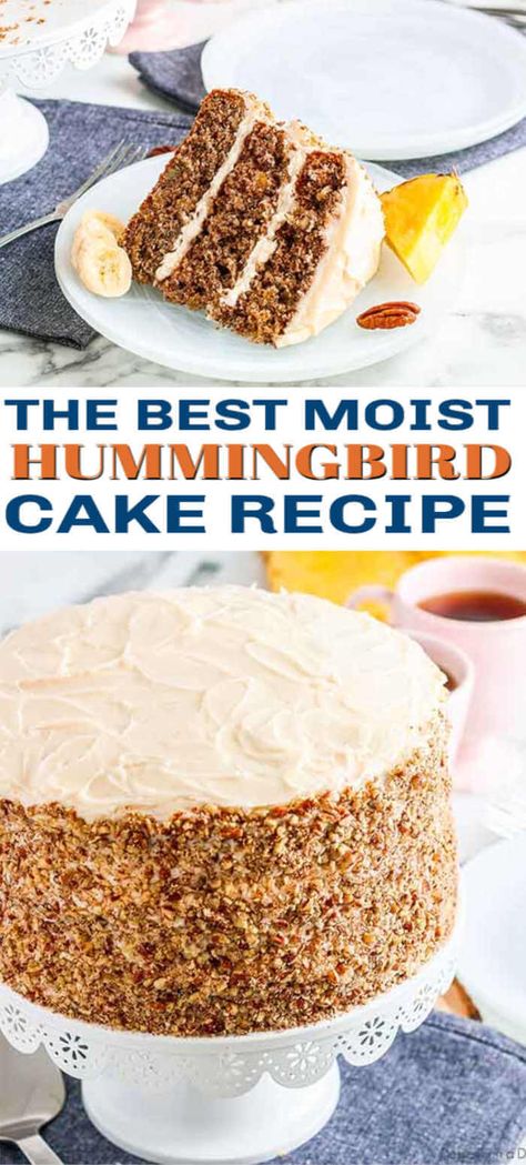 Old Fashioned Hummingbird Cake Recipe - Easy Hummingbird Cake Baking Fundamentals, Hummingbird Cake Southern Living, Easy Hummingbird Cake, Banana Coconut Cake, Hummingbird Cake Recipe, Hummingbird Cake Recipes, Recipe With Cream Cheese, Cake Portions, Hummingbird Cake