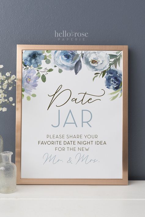 Date Night Ideas Jar Printable Sign . Blue Floral Watercolor . Bridal Shower Wedding Engagement Bachelorette Hens . Instant Digital Download #bridalshower #bridalshowersigns #floralwatercolor #roseseucalyptus #floralbridalshower #greeneryeucalyptus #datenightideas #dateideajar Date Night Ideas Jar, Blue Bridal Shower Decorations, Blue Bridal Shower Themes, Floral Bridal Shower Theme, Jar Printable, Envelope Printable, Garden Party Bridal Shower, Bridal Shower Inspo, Wedding Shower Themes