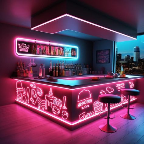 #homebar #happyhour #barideas #cocktails #mixology #homeentertaining #drinkrecipe #barcart #diybar #homehappyhour Bar With Neon Lights, Game Bar Design, Cantina Bar Ideas, Small Club Design, Bar Night Club Drinks, Cool Bars Designs, Neon Restaurant Interior, Bar Counter Ideas, Neon Lights Bar