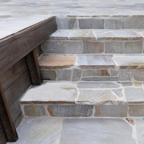 Brazilian White, Random | QRTBRAWHTFLAGN | Flagstone Paver by NSR – AquaBlu Mosaics Flagstone Walkway To Front Door, Flagstone Entryway, Stone Walkways To Front Door, Flagstone Stairs, Flat Stone Patio, Flagstone Wall, Backyard Entrance, Border Walls, Wood Stamped Concrete