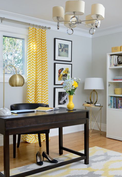 Yellow Home Office, Pale Yellow Walls, Blue Home Offices, Mid Century Modern Home Office, Yellow Office, Cozy Bedroom Design, Cozy Home Office, Contemporary Home Office, Light Grey Walls