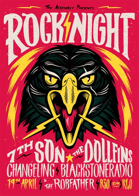 Rock Night Poster on Behance Ian Jepson, Awesome Posters, Illustration Reference, Poster Inspiration, Rock Posters, Up North, Artistic Inspiration, Gig Posters, Band Posters