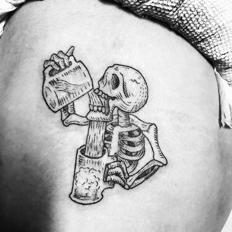 Skull Beer Tattoo, Skull Drinking Tattoo, Skeleton Drinking Beer Tattoo, Beer Flash Tattoo, Skeleton Drinking Tattoo, Small Beer Tattoos, Booze Tattoo, Alcoholic Tattoo, Alcohol Tattoo Ideas