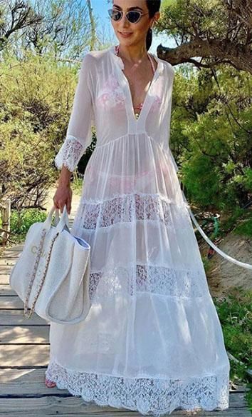 Knit Beach Dress, Chiffon Beach Dress, Beach Cover Up Dress, Crochet White, Beach Coverup Dress, Beach Swimming, Chiffon Fashion, Dress Sleeve Styles, Lace Tunic