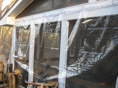 enclosing porch with vinyl, screws, S hooks - should I hang it inside or outside of the porch?? Winterize Screened In Porch Diy, Screen Porches, Porch Enclosures, Outside View, Screened Porches, Sleeping Porch, Enclosed Porches, Winter Survival, Patio Enclosures