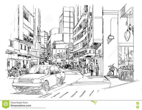 Busy Street Drawing, Traffic Drawing, Street Sketching, People On Street, Street Drawing, Cityscape Illustration, Cityscape Drawing, City Traffic, Drawing Base Poses