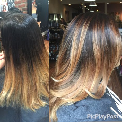 A honey balayage over a very natural dark root just too brighten up a guests grow out for summer :) Growing Out Hair, Honey Balayage, Black Roots, Hair Color Highlights, Dark Roots, Hair Stuff, Roots Hair, Natural Hair Color, Grow Out