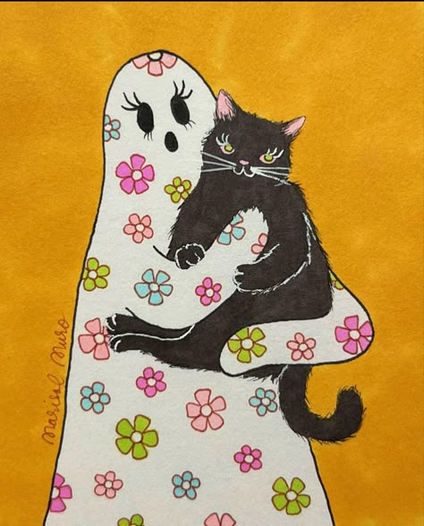 Marisol Muro Wallpaper, Flower Ghost, 70s Print, Ghost Print, Happy Cartoon, Collage Background, Ghost Cat, Retro Cats, Cat Posters