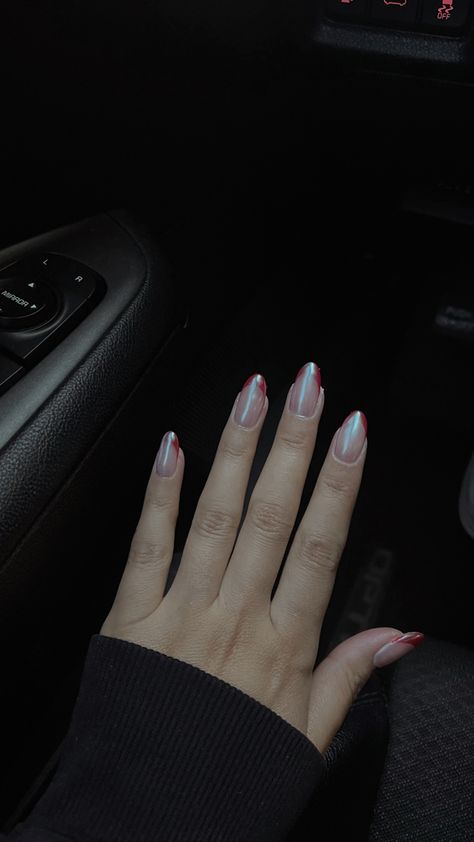 Red french tip with chrome Chrome Red French Tip, Red Chrome French Tip Nails, French Tip With Chrome, Red French Tip, White Chrome Nails, Wave Nails, Red French, French Tip Nails, Chrome Nails