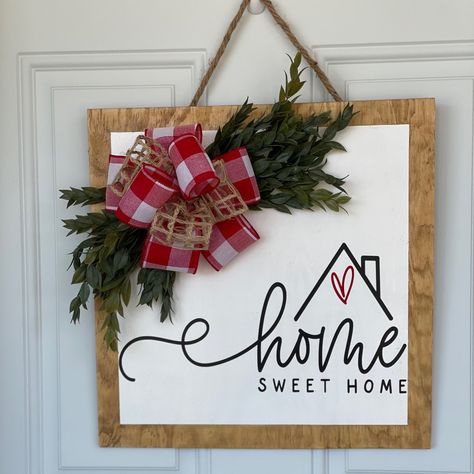 Home Sweet Home Square Wooden Door Hanger Sign, Size Available 16x16, Front Porch Wreath Decor Square Door Hanger, Gift Ideas For Mothers Day, Door Bow, Porch Wreath, Season Decor, Wooden Wreaths, Front Porch Signs, Welcome To Our Home, Wooden Door Hangers