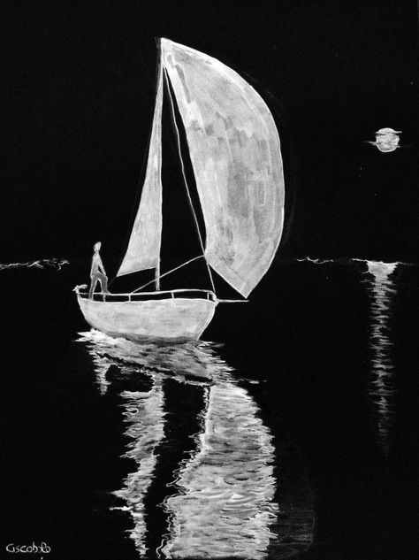 Black White Drawing Ideas, Black Background White Drawing, Cool Black And White Drawings, White On Black Drawing, Moon Reflection, Animal Tattoo Ideas, Black Canvas Art, Boat Drawing, Scratchboard Art