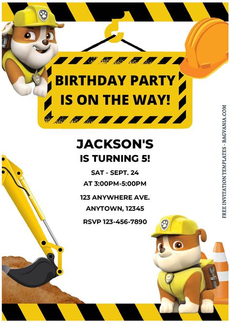 Rubble Birthday Party Invitations, Rubble Construction Birthday Party, Rubble Themed Birthday Party, Paw Patrol 4th Birthday Invitations, Paw Patrol Construction Party, Rubble And Crew Party, Rubble Birthday, Paw Patrol Rubble Birthday Party, Rubble Birthday Party Ideas