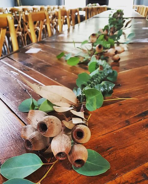 Hunter Valley Bouquets on Instagram: “Gumnuts add a beautiful touch of texture to Milly and Mark's tables . . #weddingflowers #weddingday #wedding #weddinginspiration #garland…” Gum Leaf Table Decorations, Simple Wedding Table Decorations, Flower Table Decorations, Bush Wedding, Xmas Table, Table Garland, Sparkly Party, Australian Native Flowers, Rustic Wedding Table