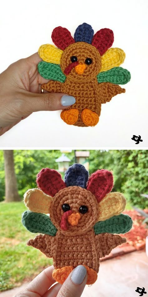 A person is holding a crocheted turkey applique. Thanksgiving Turkey Crochet Pattern, Crochet Turkey Applique Free Pattern, Thanksgiving Crochet Patterns Free, Fall Crochet Patterns Free, Turkey Decorations, Thanksgiving Crochet Patterns, Crochet Thanksgiving, Crochet Turkey, Thanksgiving Is Coming