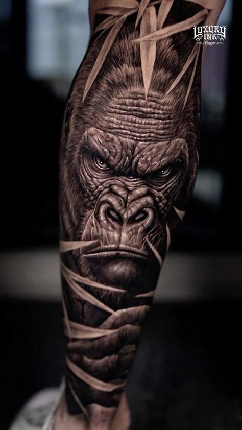 Silver Back Gorilla Tattoo Design, Gorilla Back Tattoo, Best Leg Tattoo Men, Gorilla Tattoo Ideas For Men, Silverback Gorilla Tattoo, King Kong Tattoo, Gorilla Tattoo Design, Gorilla Tattoo Ideas, Gorilla Tattoos