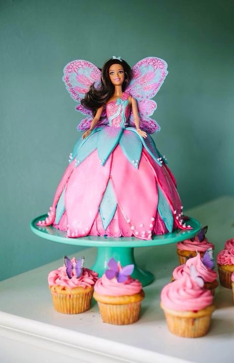 Barbie Fairy cake by Lauren Hawes Barbie Fairy Cake, Birthday Cake Fairy, Fairy Garden Birthday Cake, Dolly Varden Cake, Garden Birthday Cake, Barbie Doll Birthday Cake, Barbie Doll Cake, Fairy Birthday Cake, Dolly Varden