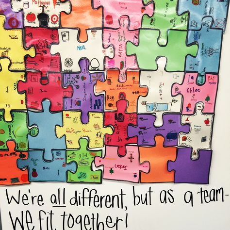 Google "30 piece puzzle template." Put the template under your document camera and blow it up. Trace individual pieces on different colored pieces of construction paper and number them. Students draw 5 symbols that represent themselves. Laminate and cut out:) 30 Piece Puzzle Template, Puzzle Theme, Elementary School Bulletin Boards, School Flag, Puzzle Piece Art, Work Bulletin Boards, Classroom Assessment, Teacher Bulletin Boards, Document Camera