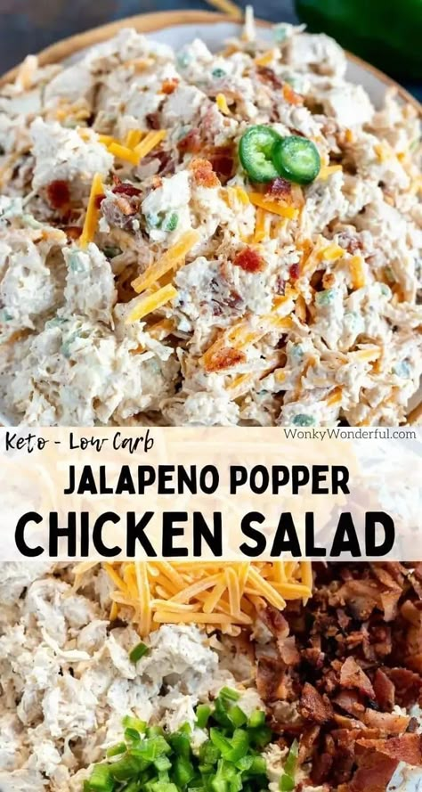 This Jalapeno Popper Keto Chicken Salad Recipe is a quick, easy low carb lunch or dinner. Chicken salad dressed up with cream cheese, cheddar, bacon and jalapeno. #chickensaladrecipes #jalapenopopperrecipes #lowcarbrecipes #ketorecipes #lowcarb #keto #chickenrecipes Keto Chicken Salad Recipe, Easy Low Carb Lunch, Easy Low Carb Lunches, Keto Chicken Salad, Jalapeno Popper Chicken, Cheese Cheddar, Salad Salad, Jalapeno Chicken, Cold Lunches