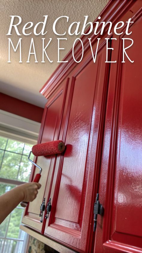 Close-up view of a professional hand painting kitchen cabinets in glossy red, illustrating a dramatic transformation under natural light. Red Country Kitchens, Red Kitchen Cabinets, Black Kitchen Countertops, Red Cabinets, Black Countertops, Modern Kitchen Cabinet Design, Minimalist Kitchen Design, Good Color Combinations, Cabinet Makeover