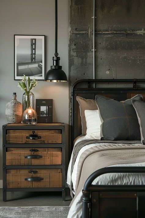 21 Modern Industrial Bedroom Ideas to Inspire Minimalist Bedroom Industrial, Modern Rustic Mens Bedroom, Mens Industrial Bedroom Ideas, Boho Industrial Bedroom Ideas, Vintage Masculine Bedroom, Industrial Farmhouse Bedroom Ideas, Industrial Room Decor, Industrial Bedroom Decor Ideas, Rustic Industrial Bedroom Ideas