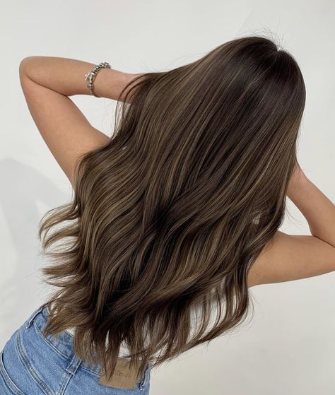 Hair Highlights For Dark Brown Hair, Dark Brown Highlights On Brown Hair, Cocoa Highlights, Deep Brown Hair With Highlights, Brunette With Subtle Highlights, Light Brown Straight Hair, Teasy Lights Brunette, Subtle Brown Balayage, 10 Major Winter Hair Colors