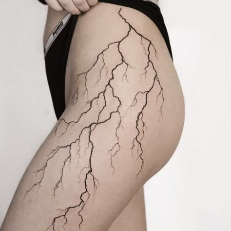 Unique Tattoo Ideas For Women Creative, Edgy Tattoo For Women, Unique Hip Tattoos, Thigh Tattoos Women Unique, Atl Tattoo, Unique Thigh Tattoos, Pretty Thigh Tattoos, Blitz Tattoo, Lightning Tattoo