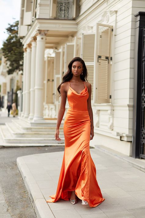 Alamour The Label, Backless Evening Dress, Orange Satin, Satin Gown, Boho Bridal, Glitz And Glam, Prom Party, Party Gowns, Vibrant Orange