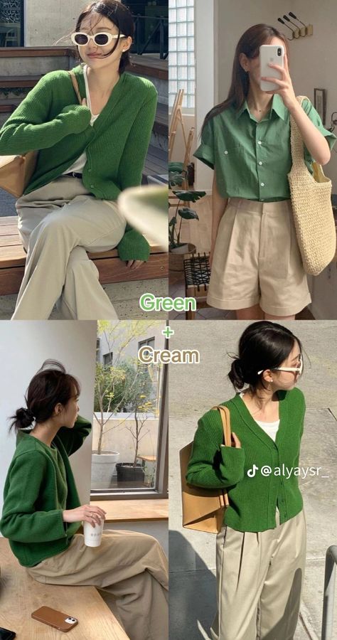 Green And Cream Outfit, Color Matching Clothes, Colored Pants Outfits, Green Color Combinations, Modest Casual Outfits, Mix Match Outfits, Simple Style Outfits, Colour Combinations Fashion, Color Combos Outfit