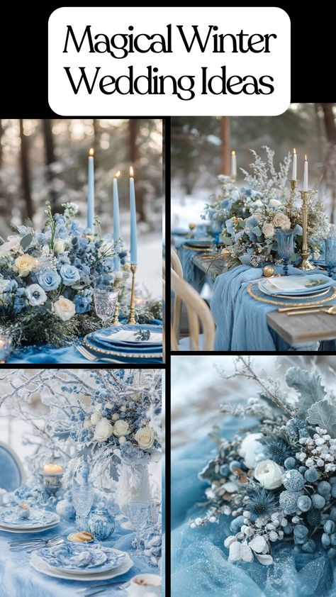 Winter wedding ideas with blue decor and wonderland theme. Ice Blue Wedding Theme Winter Wonderland, Icy Blue Wedding Theme, Rustic Winter Wonderland Wedding, Ice Blue Winter Wedding, Dusty Blue Rustic Wedding, Dusty Blue Winter Wedding, Winter Wonderland Wedding Ideas, Winter Wedding Blue, Winter Wonderland Quince