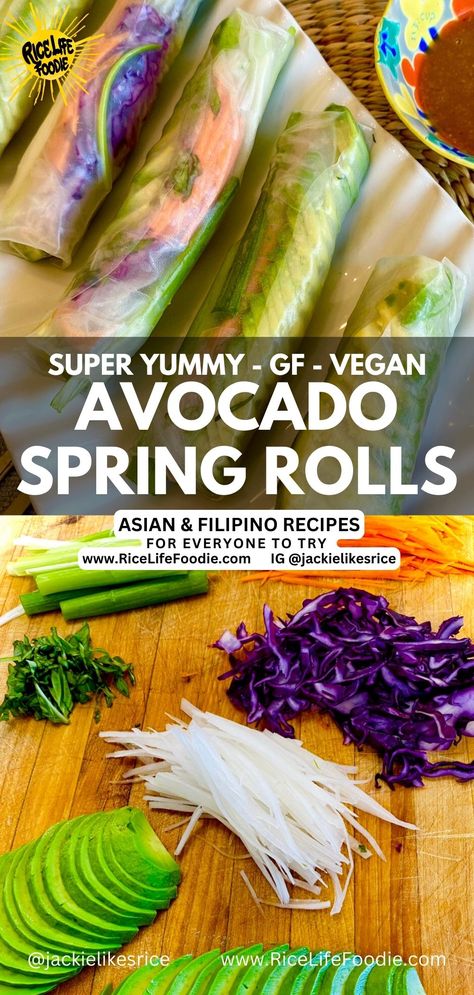 Avocado Appetizers, Avocado Spring Rolls, Vegan Rice Paper Rolls, Fresh Spring Rolls Recipe, Vegan Avocado Recipes, Avocado Appetizer, Vegetarian Spring Rolls, Vegan Finger Foods, Easy Peanut Sauce