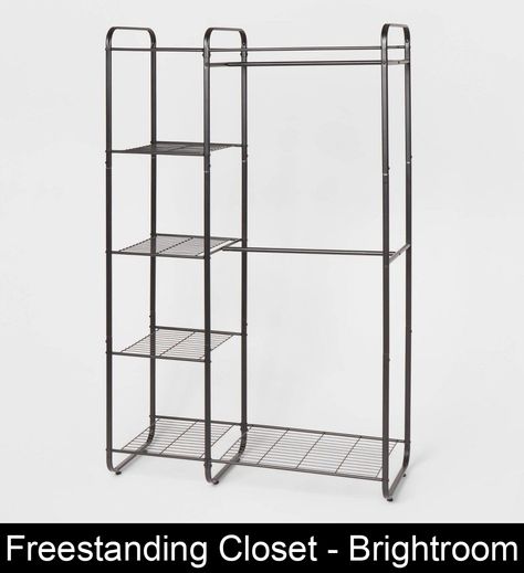 Make your space look organized with the help of this Freestanding Closet from Brightroom™. Crafted of metal, this freestanding closet features two hanging rods for hanging different hangers. It's designed with two small mesh shelves and one large metal mesh shelf on top and one at the bottom that come in handy for storing small boxes, shoes, bags and more. Featuring a black metal finish, it's sure to easily blend with your room decor.Brightroom™: No Closet Solutions Target, Linen Storage No Closet, Freestanding Closet System, No Closet Solutions Bedroom Small Spaces, Free Standing Closet Ideas, Open Closet Ideas For Small Spaces, Renter Friendly Closet Organization, No Closet Solutions Bedroom, Storage For Small Rooms