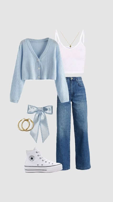 Outfits Con Jeans Azules, Light Blue Outfit Casual, Blue And Beige Outfit, Light Blue Outfits, Casual Outfits For Petite Women, Blue And White Outfit, Modest Winter Outfits, Outfits Con Jeans, Modest Casual Outfits